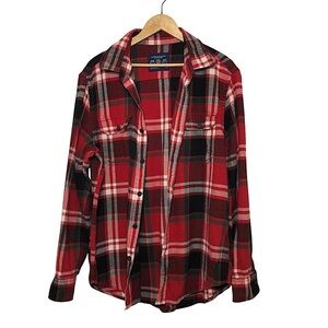 AEO Cotton Button Down Flannel Red Green Black Ivory Plaid Athletic Fit Shirt L